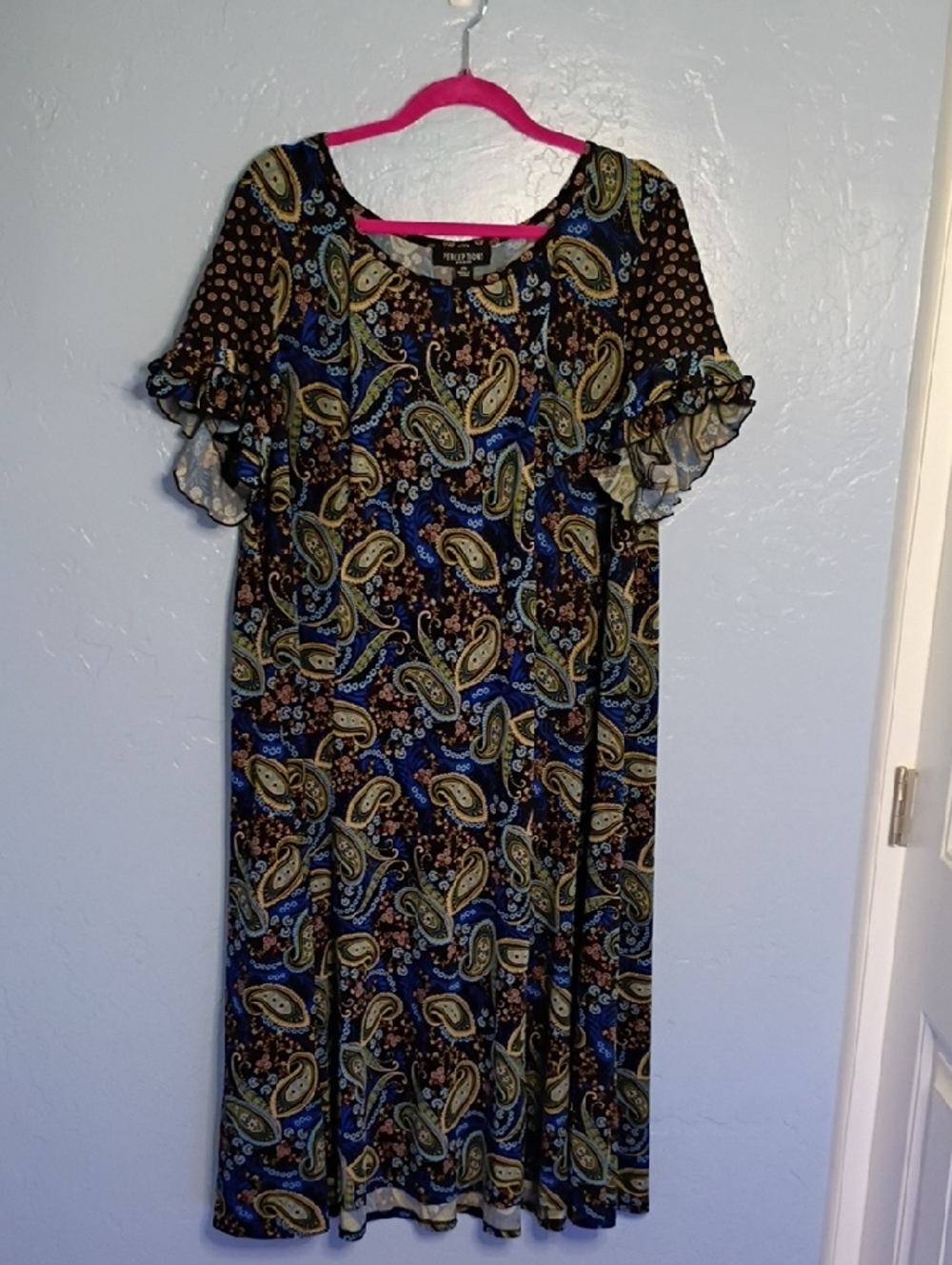 Perceptions Black Paisley Midi Dress with Blue & Gold Accents